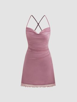 Cider - Pink Mesh Cowl Neck Solid Sequin Mini Dress