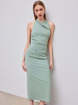 Cider - Pale Green Cotton Blend Halter Mid Rise Co-Ord (Set of 2)