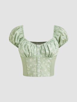 Cider - Green Sweetheart Floral Button Crop Short Sleeve Top