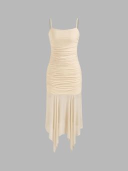 Cider - Khaki Mesh Ruched Asymmetrical Hem Midi Dress