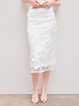 Cider - White Mid Rise 3D Flower Embroidery Midi Skirt