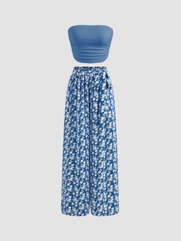 Cider - Strapless Solid Ruched Crop Top & Mid Rise Floral Knotted Wide Leg Trousers (Set of 2) (M)