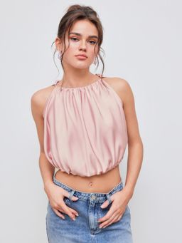 Cider - Pink Satin Boat Neck Solid Drawstring Ruched Crop Top