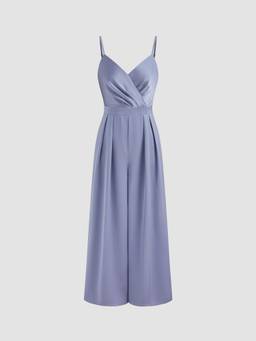 Cider - Blue Satin Solid Pleated Jumpsuit