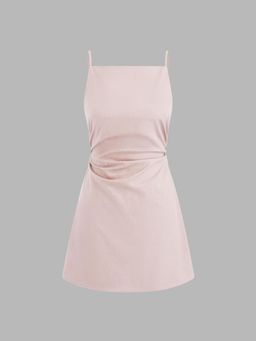 Cider - Pink Linen Blend Solid Ruched Mini Dress