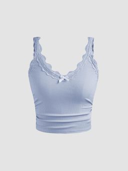 Cider - Blue V Neck Bowknot Lace Cami Crop Top