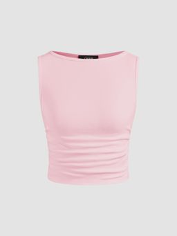 Cider - Pink Boat Neck Ruched Solid Crop Top