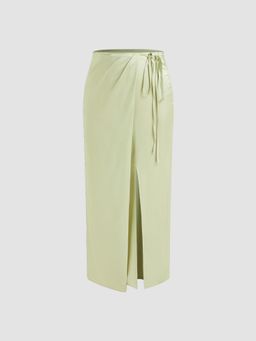 Cider - Green Mid Rise Solid Split Knotted Midi Skirt