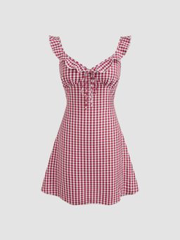 Cider - Red Sweetheart Gingham Lettuce Trim Mini Dress