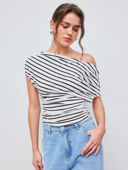 Cider - Cotton-Blend Asymmetrical Neck Striped Ruched Short Sleeve Top (S)
