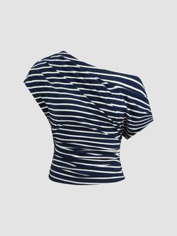 Cider - Navy Blue Cotton Blend Asymmetrical Neck Stripes Ruched Short Sleeve Top