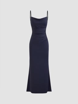Cider - Navy Blue Ruched Backless Maxi Dress
