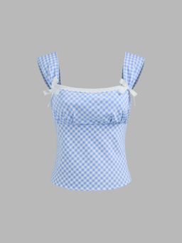 Cider - Blue Square Neck Gingham Bowknot Top