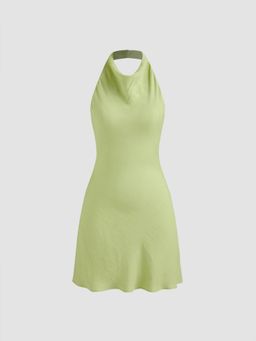 Cider - Green Halter Solid Knotted Zipper Mini Dress