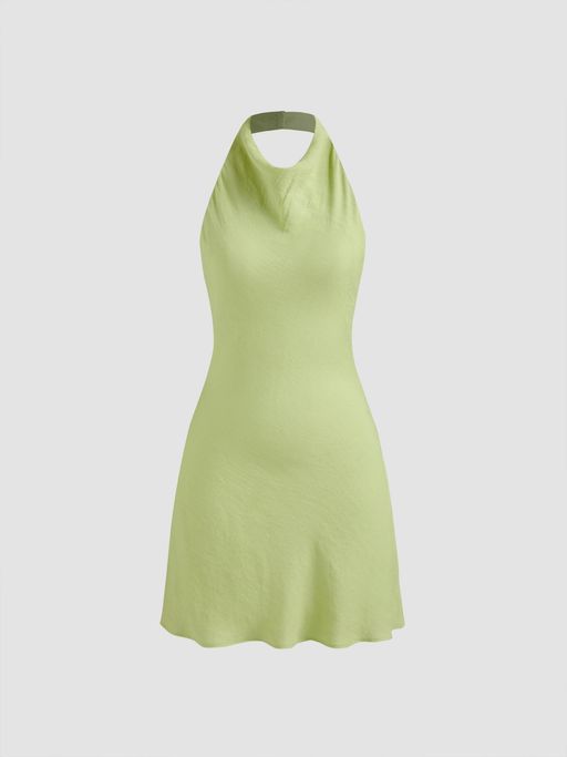 Buy Cider Green Halter Solid Knotted Zipper Mini Dress (S) Online
