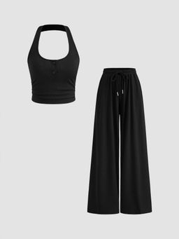 Cider - Halter Neckline Solid Crop Top & Mid Rise Solid Knotted Wide Leg Trouser (Set of 2)