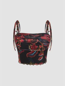 Cider - Black Mesh Floral Lettuce Trim Knotted Crop Top
