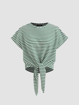 Cider - Round Neckline Striped Knotted Short Sleeve Top