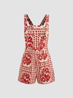 Cider - Red Square Neck Floral Pocket Romper