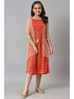 Aurelia - Beige Gilet With Red Printed Dress Set (Set of 2)