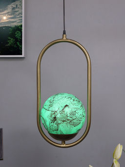 Homesake - Metal Pendant Glass Golden Oval Planet Green