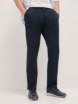 The Bear House - Men Blue Cotton Solid Trouser