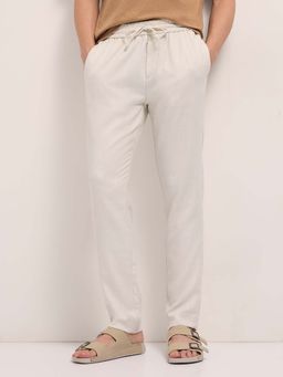 The Bear House - Men Cream Polyester Blend Solid Trouser