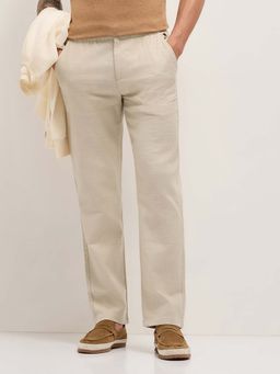The Bear House - Men Cream Cotton Blend Textured Trouser