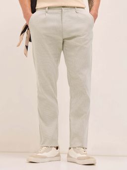 The Bear House - Men Cream Polyester Blend Stripes Trouser
