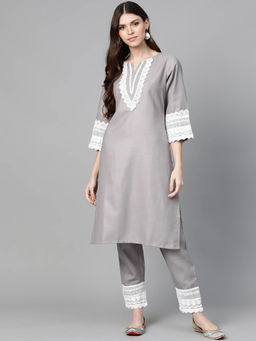 BHAMA COUTURE - Grey Lace Solid Pure Cotton Straight Kurta with Pant