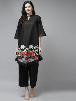 BHAMA COUTURE - Black Floral Printed Cotton Blend A-Line Kurta with Pant