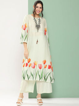 BHAMA COUTURE - Green Floral Printed Cotton Blend Straight Kurta with Palazzo