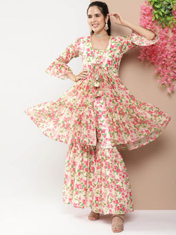 BHAMA COUTURE - Beige Floral Printed Cotton Blend A-Line Kurta with Sharara