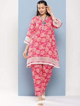 BHAMA COUTURE - Pink Floral Printed Cotton Blend A-Line Co-Ord Set
