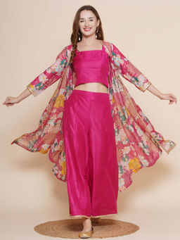 BHAMA COUTURE - Pink Solid Cotton Blend Crop Top and Palazzo with Printed Shrug