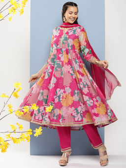 BHAMA COUTURE - Pink Floral Printed Chanderi Blend Anarkali Kurta and Pant with Dupatta