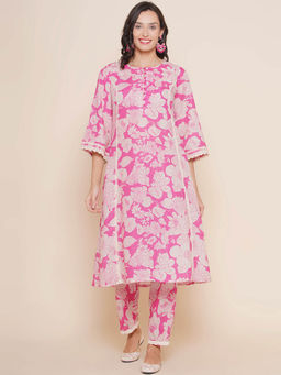 BHAMA COUTURE - Pink Floral Printed Viscose Rayon A-Line Co-Ord Set