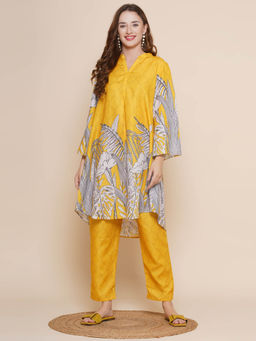 BHAMA COUTURE - Yellow Floral Printed Cotton Blend A-Line Kurta with Pant
