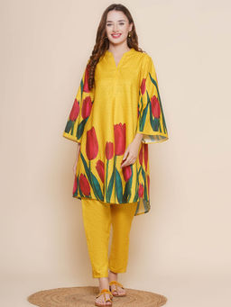 BHAMA COUTURE - Yellow Floral Printed Cotton Blend A-Line Kurta with Pant