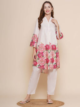 BHAMA COUTURE - White Floral Printed Cotton Blend A-Line Kurta with Pant