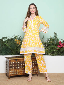 BHAMA COUTURE - Yellow Floral Printed Pure Cotton A-Line Co-Ord Set