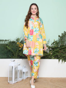 BHAMA COUTURE - Yellow Floral Printed Cotton Blend A-Line Co-Ord Set