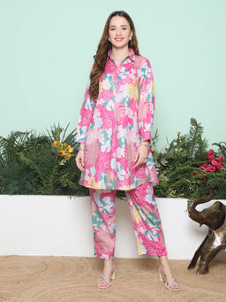 BHAMA COUTURE - Pink Floral Printed Cotton Blend A-Line Co-Ord Set