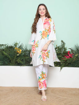 BHAMA COUTURE - White Floral Printed Cotton Blend A-Line Co-Ord Set