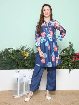 BHAMA COUTURE - Blue Floral Printed Cotton Blend A-Line Kurta with Pant
