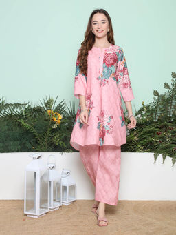 BHAMA COUTURE - Pink Floral Printed Cotton Blend A-Line Kurta with Pant