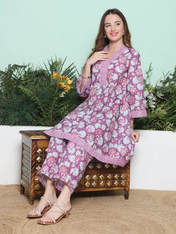BHAMA COUTURE - Purple Floral Printed Pure Cotton A-Line Co-Ord Set
