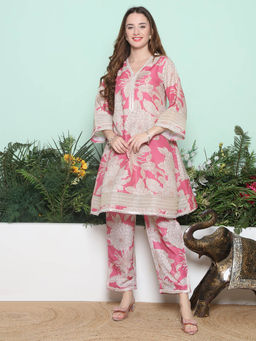 BHAMA COUTURE - Pink Floral Printed Pure Cotton A-Line Co-Ord Set