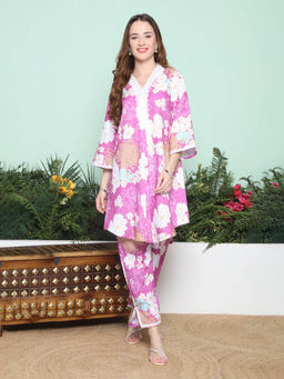 BHAMA COUTURE - Pink Floral Printed Pure Cotton A-Line Co-Ord Set