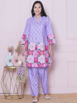BHAMA COUTURE - Purple Floral Printed Cotton Blend A-Line Co-Ord Set